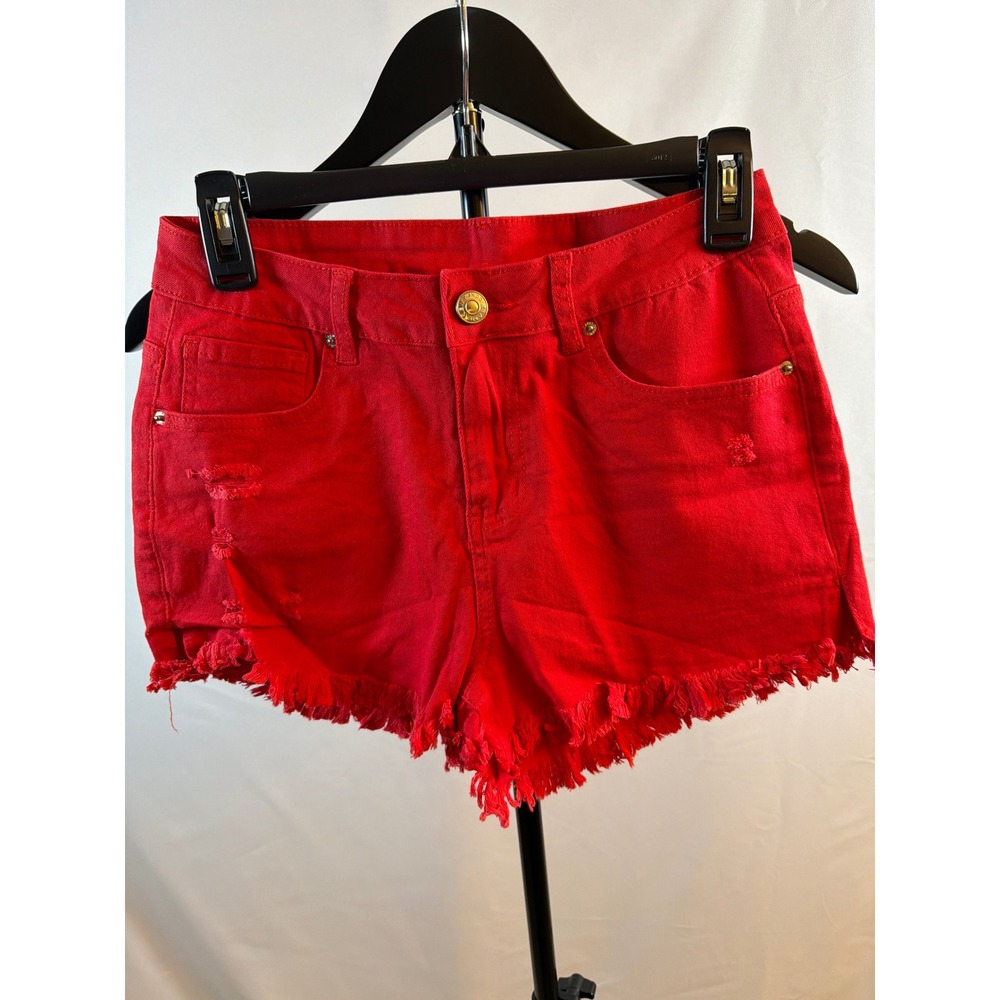 Jeanous Red Distressed Denim Shorts Frayed Raw Hem Size Medium Summer Festival